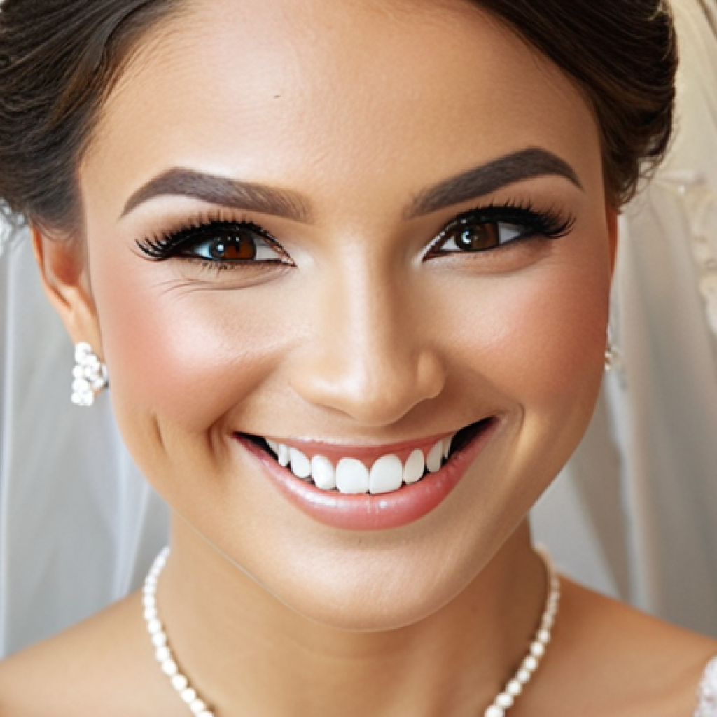**Bridal Makeup Expertise:** A radiant bride smiling, showcasing flawless makeup at a wedding venue with soft, natural light. Focus on highlighting the bride's beauty, emphasizing elegance and joy.