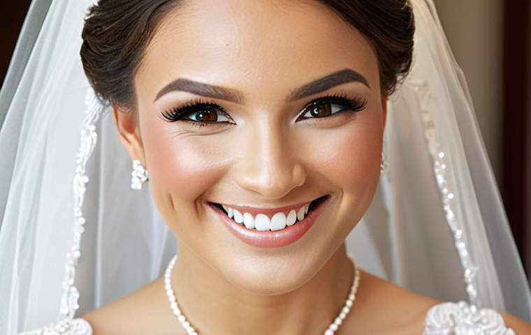**Bridal Makeup Expertise:** A radiant bride smiling, showcasing flawless makeup at a wedding venue with soft, natural light. Focus on highlighting the bride's beauty, emphasizing elegance and joy.